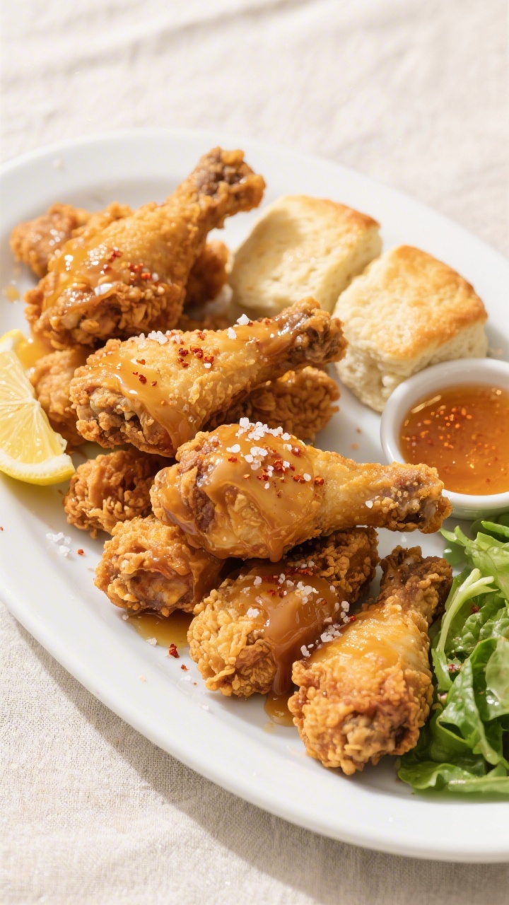 Final plated dish, tasty top view: Overhead shot of a platter of buttermilk fried chicken (mix of th
