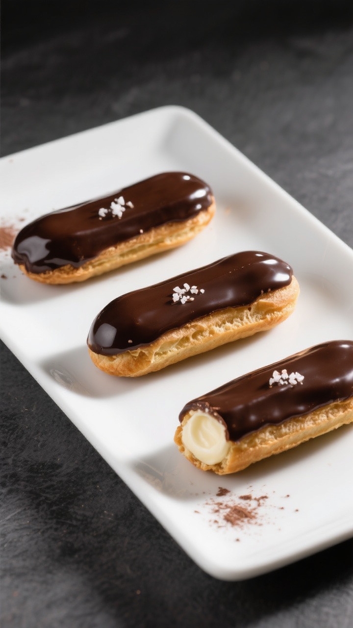 Final plated glamour shot: three finished chocolate éclairs neatly aligned on a matte white rectang