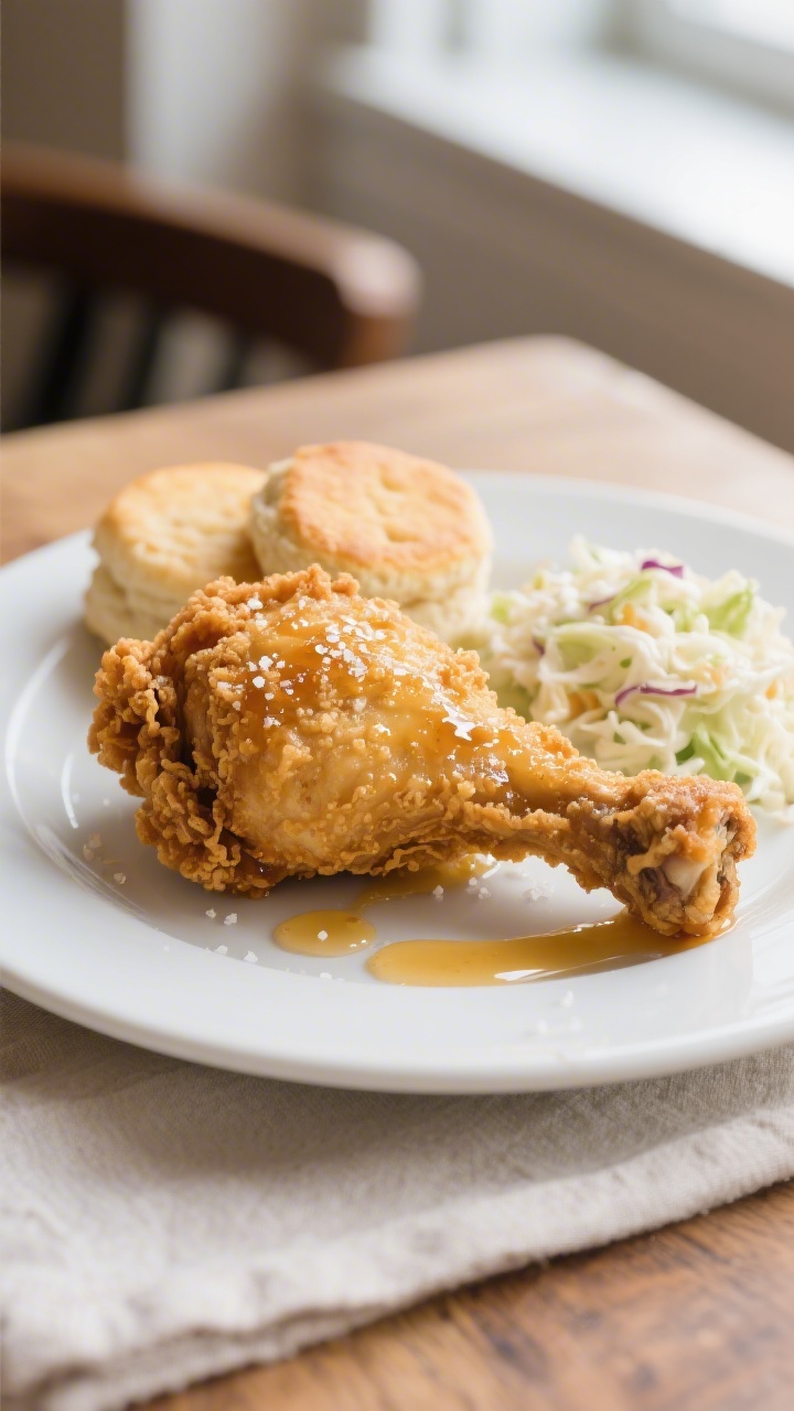 Final plated hero: Beautifully plated Crispy Honey Butter Fried Chicken glazed to a light, even shee