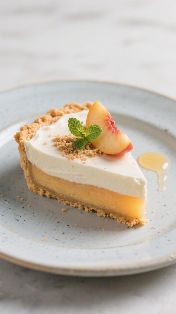 Final plated presentation: A clean slice of Peach Icebox Pie on a cool-toned stoneware dessert plate