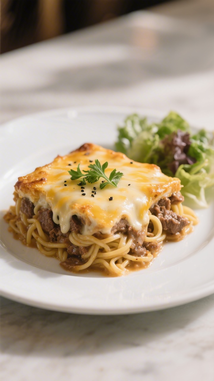 Final plated presentation: A generous square of the casserole (noodles version) on a white ceramic p