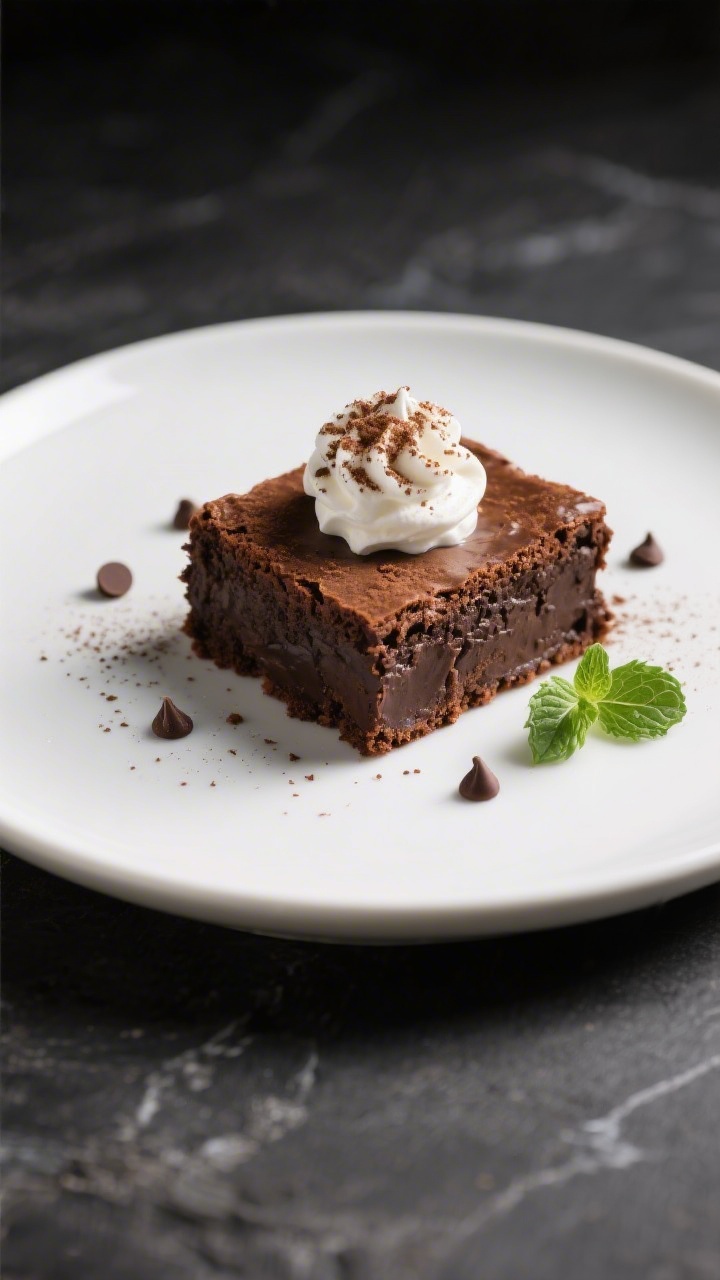Final plated presentation: Beautifully plated keto brownie square on a matte white dessert plate, cl