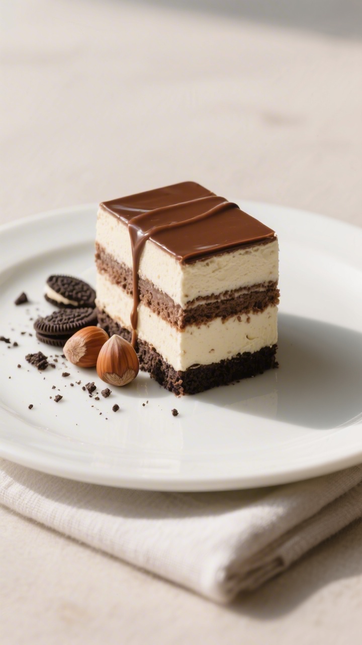 Final plated presentation of a single, tall square of Nutella Oreo Icebox Cake on a matte white dess