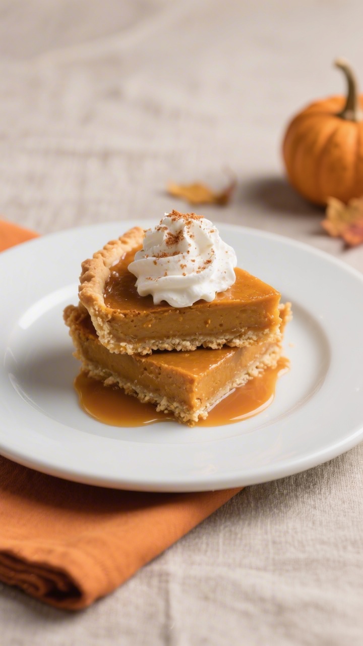 Pumpkin Pie Bars Recipe - Cozy, Crowd-Pleasing Fall Treat 4 Final plated presentation: Restaurant-quality plate with two pumpkin pie bars stacked slightly offse