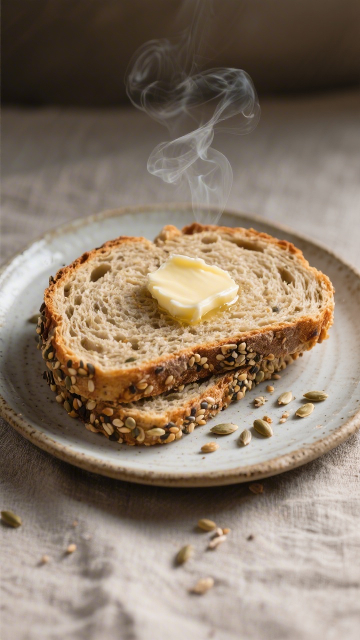 Final plated presentation: thick slices of the gluten-free seeded bread on a rustic ceramic plate, c