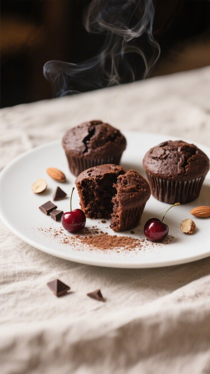Dark Chocolate Cherry Muffins - Rich, Juicy, and Easy to Make 4 Final plated presentation: three dark chocolate cherry muffins arranged on a matte white plate with