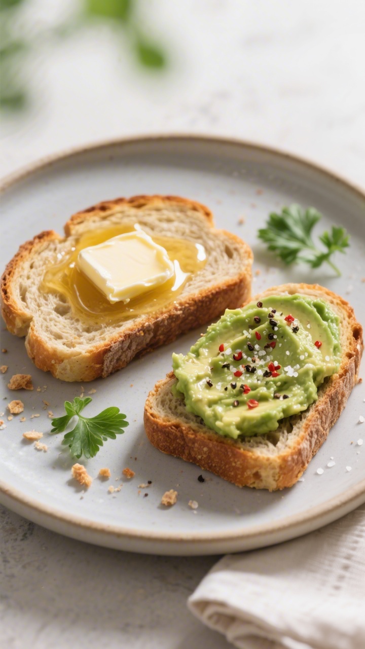Final plated serving shot: Two slices of the keto bread toasted to a deeper golden edge, one topped 
