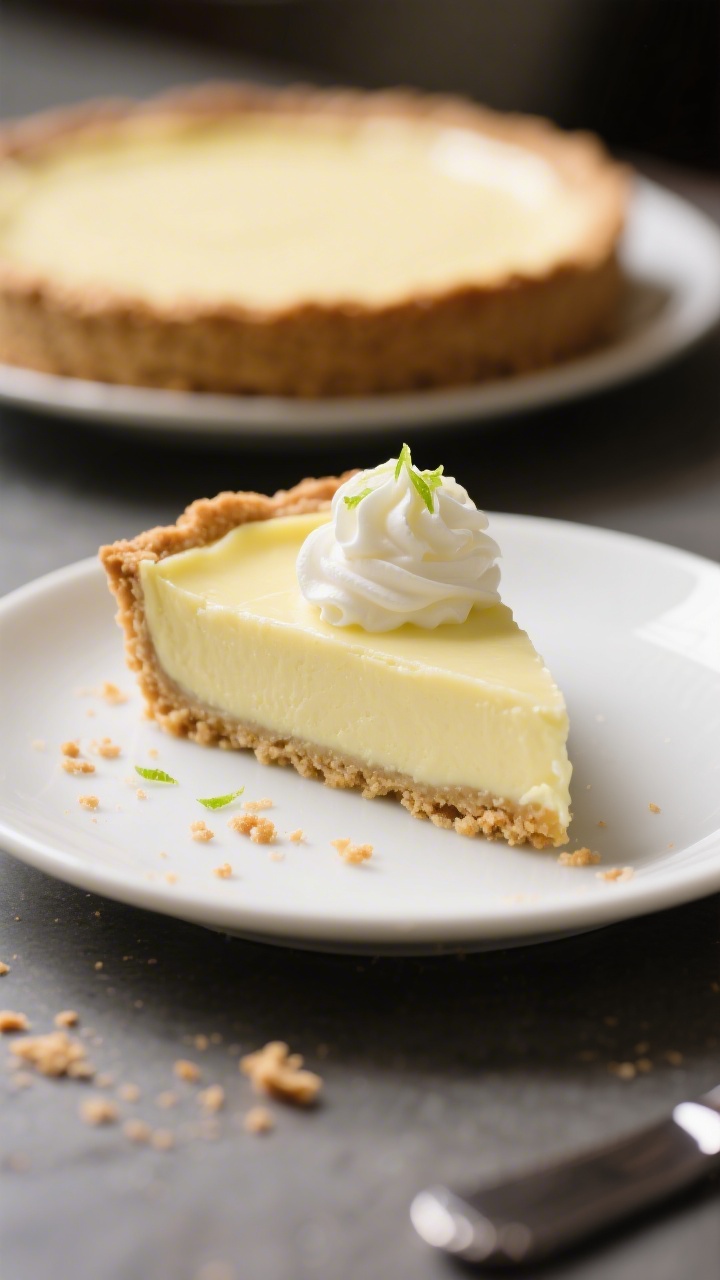 Final plated slice: A single, cleanly cut slice of key lime pie on a small white dessert plate, show