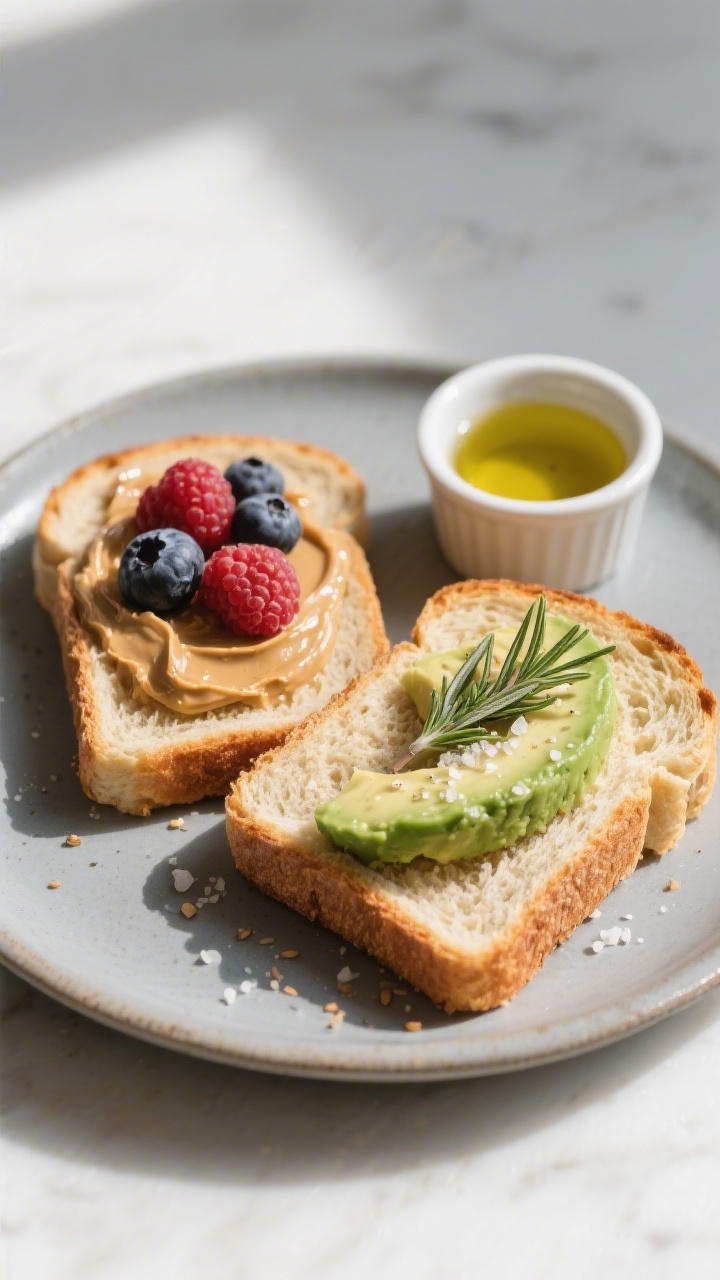 Final plated toast scene: Two slices of the almond flour bread toasted to a light amber, one topped 