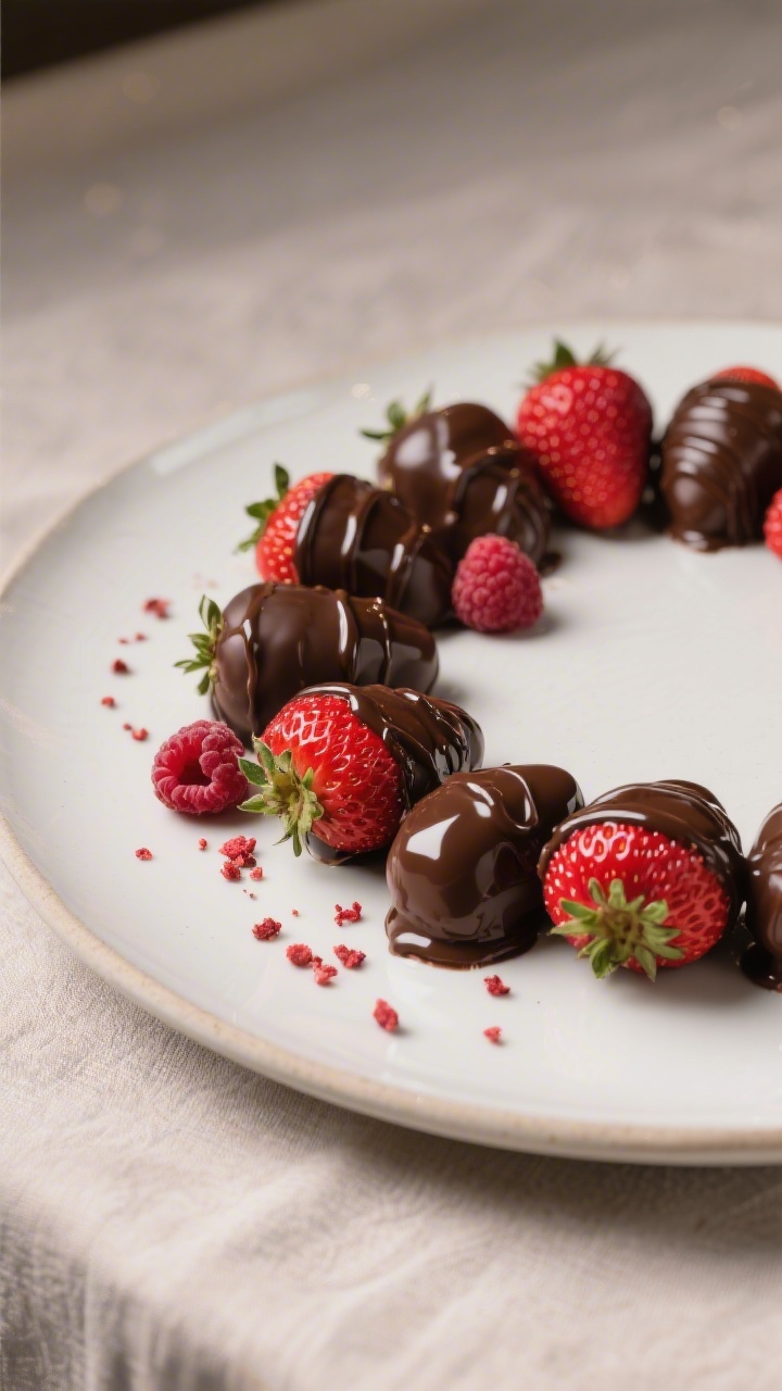 Final presentation beauty shot: Bakery-quality plate of fully set chocolate-covered strawberries ser
