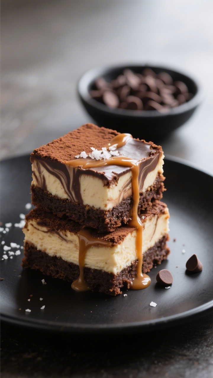 Final presentation: Restaurant-quality plated mocha cheesecake brownies served as neat squares on a 