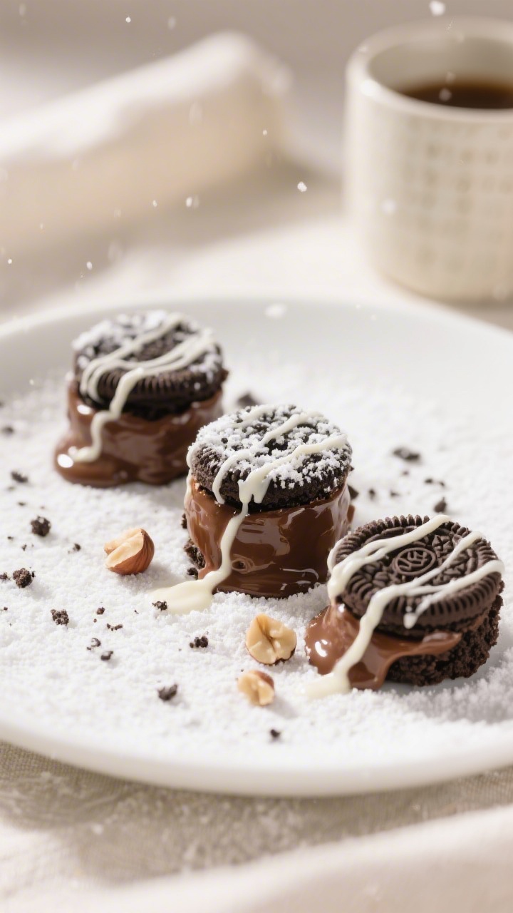 Final presentation: Restaurant-quality plating of three Oreo Nutella lava bites stacked and staggere