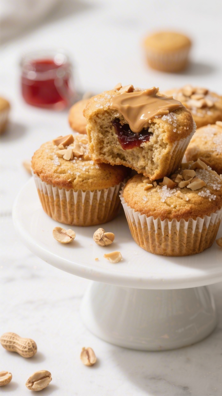 Final presentation: Restaurant-quality scene of a stack of peanut butter jelly muffins on a matte wh