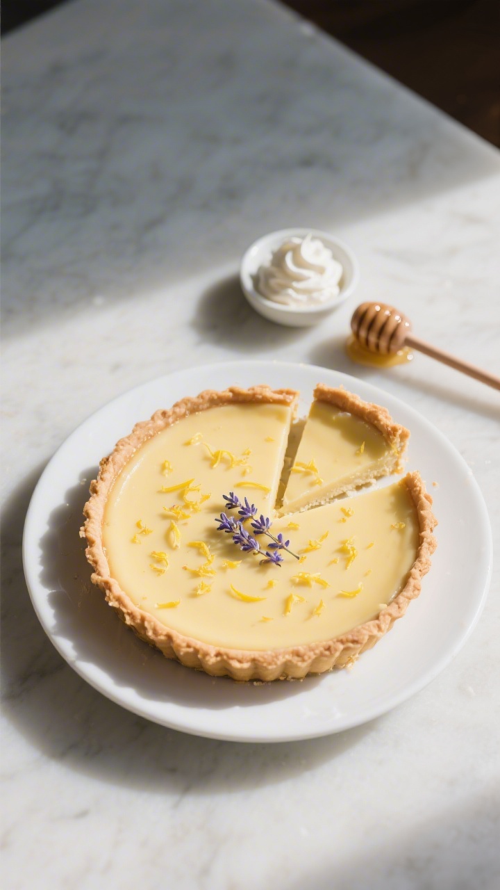 Final presentation: Tasty top view of the fully set honey lavender custard pie on a matte white plat