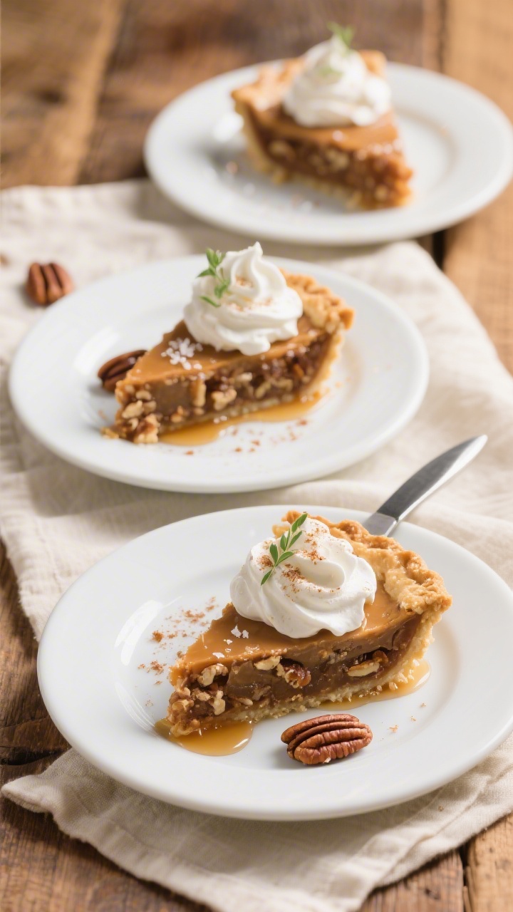 Final presentation: Three elegant wedges of maple bourbon pecan pie plated on simple white dessert p