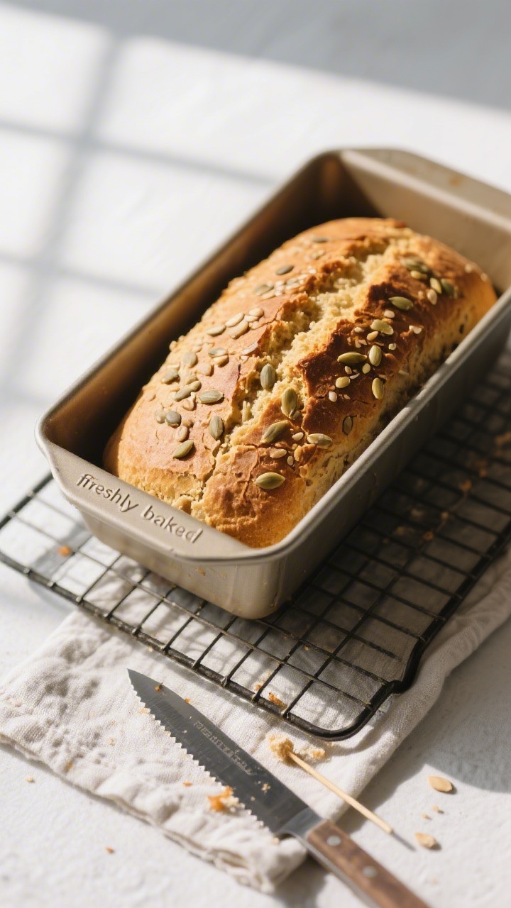 Overhead “freshly baked” shot: Golden Paleo Almond Flour Bread just lifted from the pan and set 