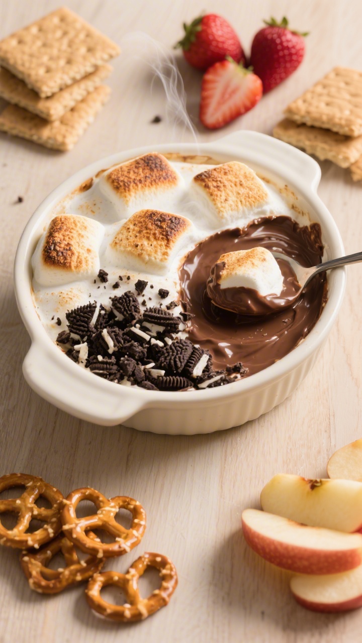 Overhead “movie-night spread” of the finished Oreo s’mores dip served warm in a 9-inch ceramic