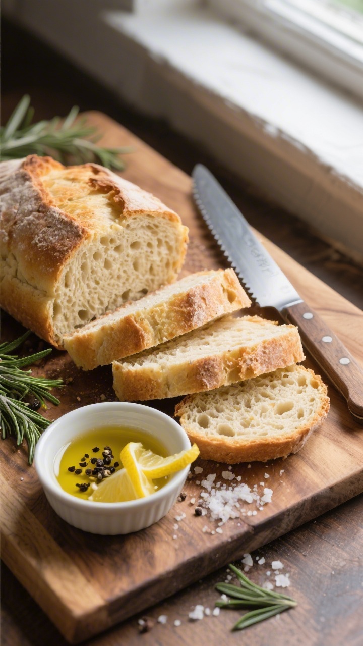 Overhead shot of a sliced olive oil loaf on a wooden board, even slices revealing a moist, springy c
