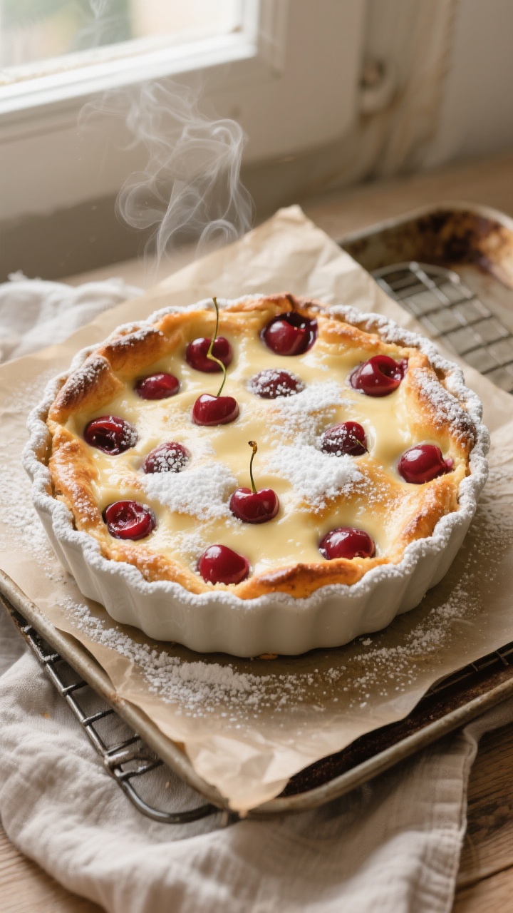 Overhead shot of freshly baked cherry clafoutis just out of the oven, puffed with lightly golden, ca