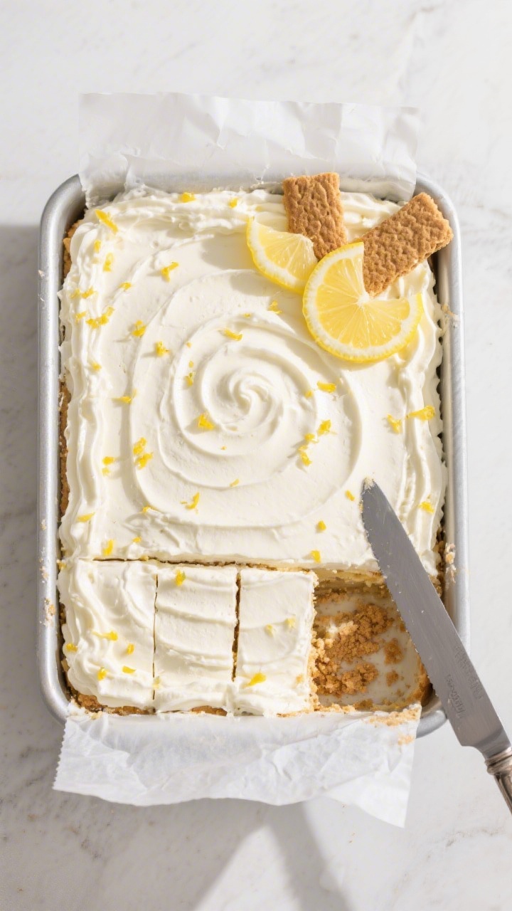 Overhead shot of the fully assembled lemonade icebox cake in an 8x8 pan after overnight chill, top s