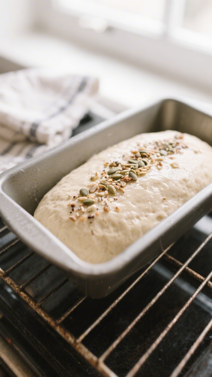 Overhead shot of the proofed and smoothed loaf in a 9x5 pan right before baking, dough evenly domed 