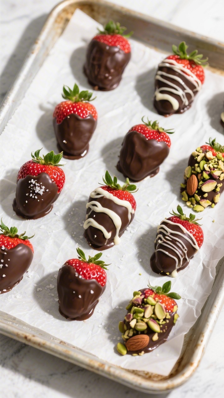 Overhead tasty top view: A parchment-lined baking sheet filled with neatly arranged chocolate-covere