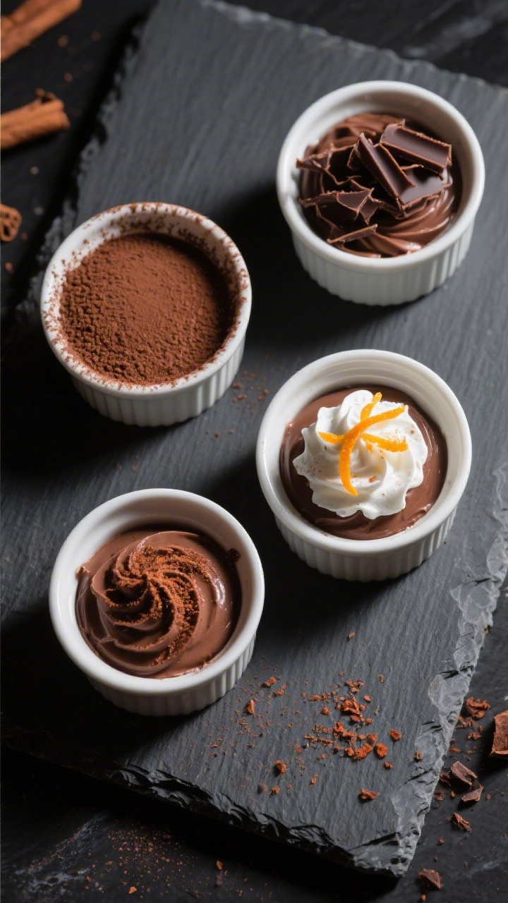 Overhead “tasty top view”: four ramekins filled with chilled chocolate mousse arranged on a slat