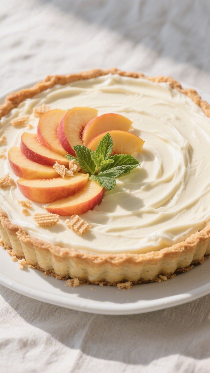 Overhead “tasty top view”: Fully assembled Peach Icebox Pie just set from chilling, top layer of