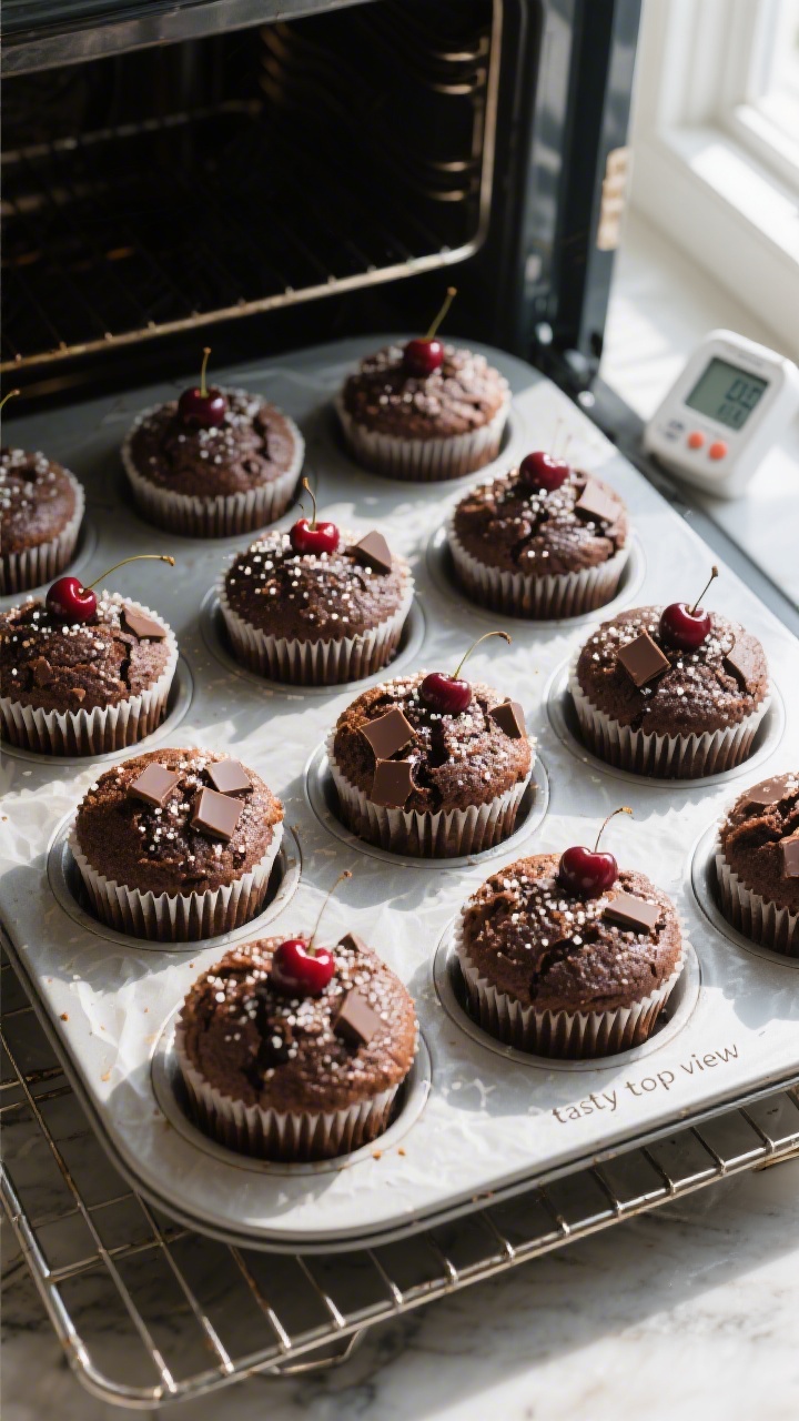 Dark Chocolate Cherry Muffins - Rich, Juicy, and Easy to Make 3 Overhead “tasty top view” of a 12-cup muffin tin just out of the oven: tall, domed dark chocolat