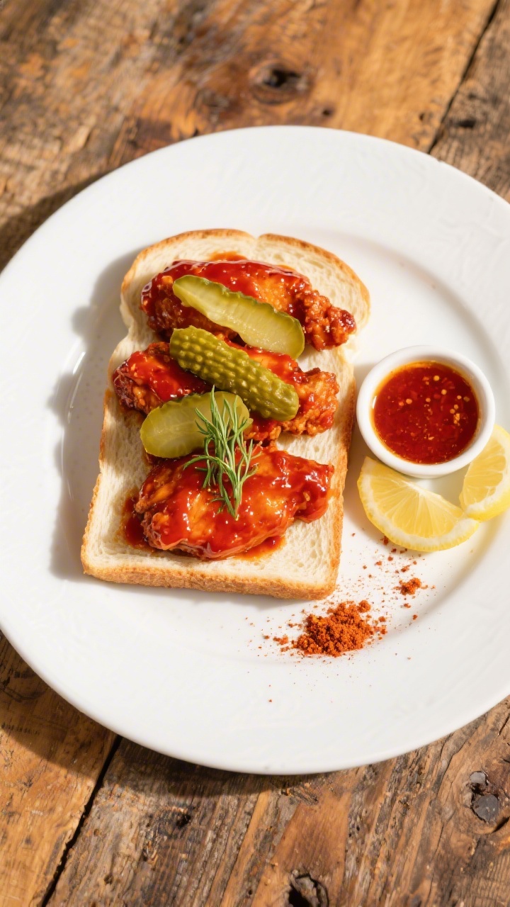 Overhead tasty top view of a classic Nashville hot chicken tender plate: slices of soft white bread 