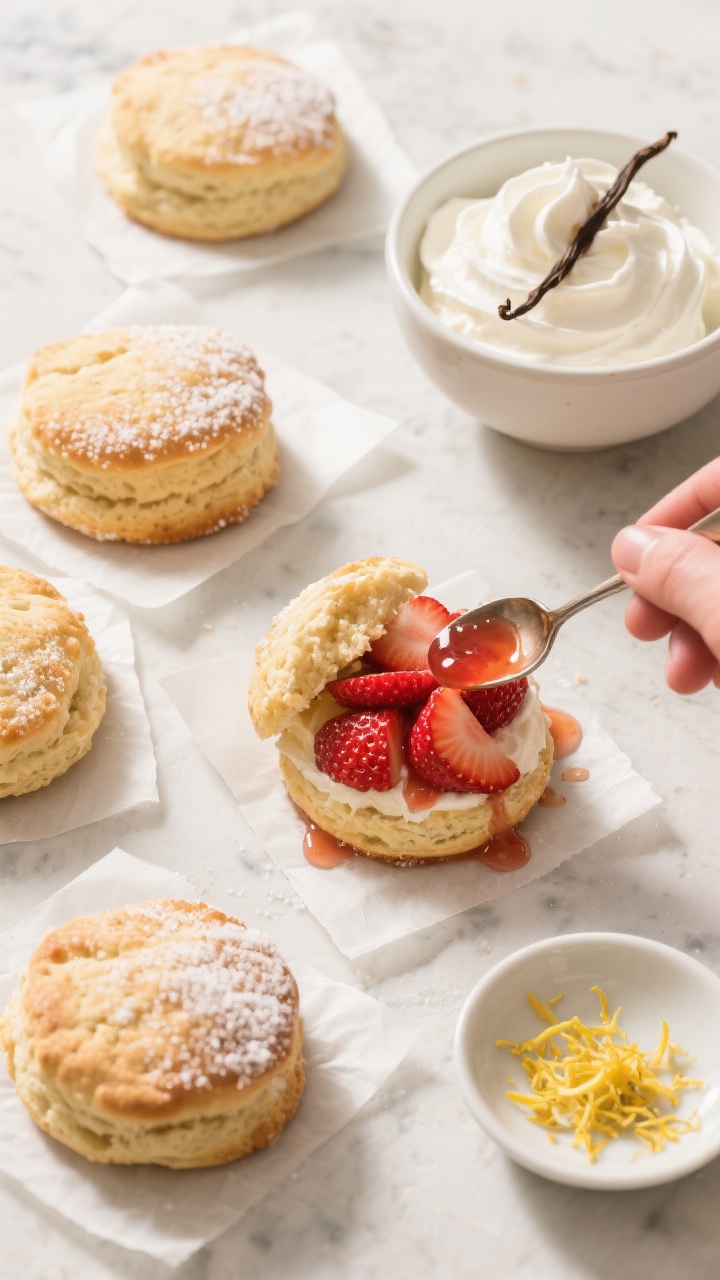Overhead “tasty top view” of a shortcake assembly scene: several freshly baked biscuits on parch