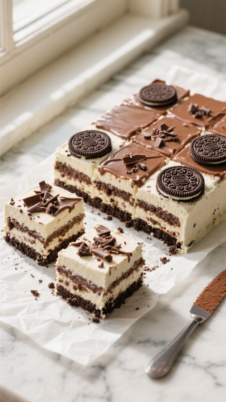 Overhead “tasty top view” of the fully chilled Nutella Oreo Icebox Cake sliced into neat squares