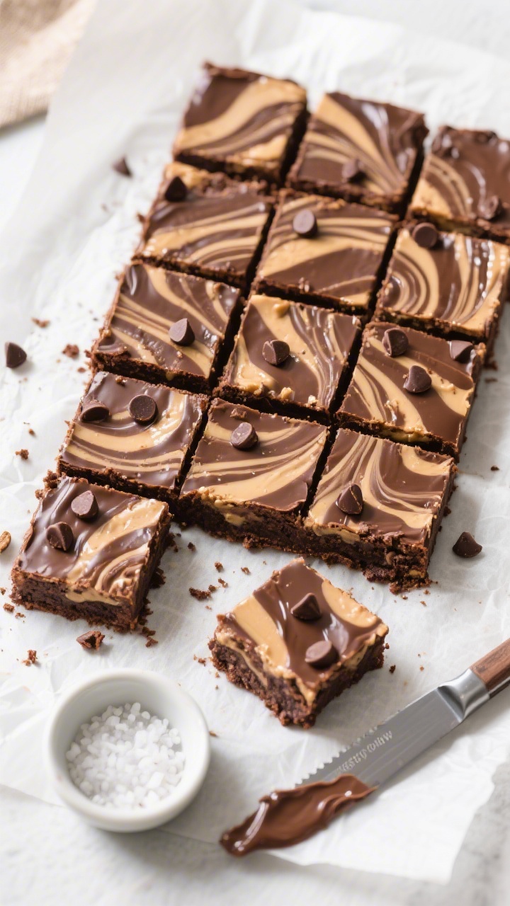 Overhead “tasty top view” shot: Clean slices of Peanut Butter Nutella Swirl Brownies cut into 16