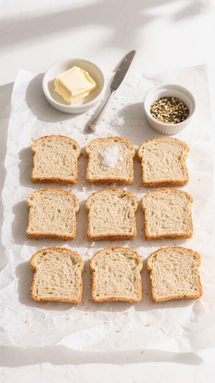 Overhead “tasty top view” shot: Twelve neatly sliced pieces of almond flour keto bread arranged 