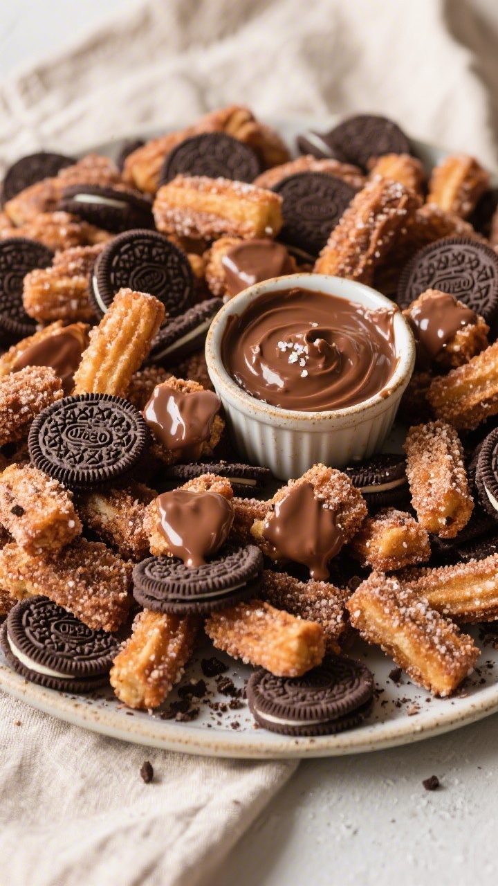 Overhead, top-down shot of a party-ready platter of Oreo churro bites arranged in a generous heap, l