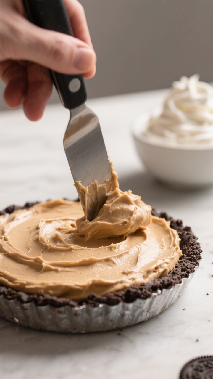 Process-focused close-up of the prepared filling being spooned into the chilled Oreo crust and smoot