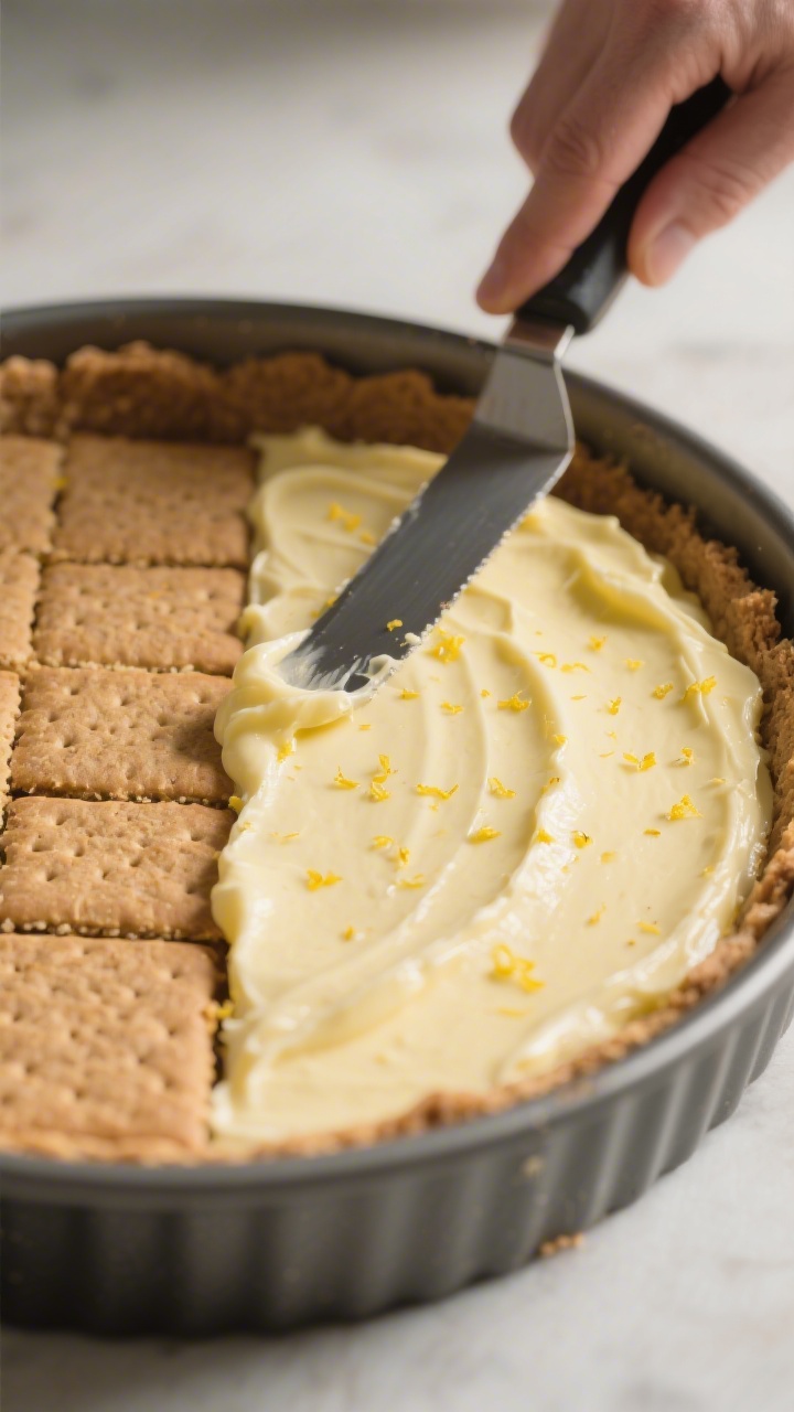 Process-focused scene showing the layering step: an even layer of graham crackers in the pan with on
