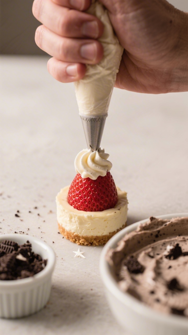 Process-in-action (prepared stage): Piping the finished cheesecake filling into cored strawberries s