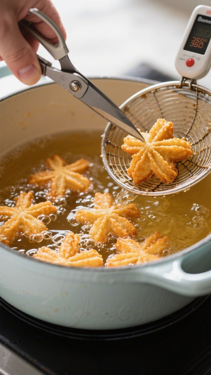 Process-in-action shot focusing on the frying stage: short, 1-inch churro bites piped from a star ti