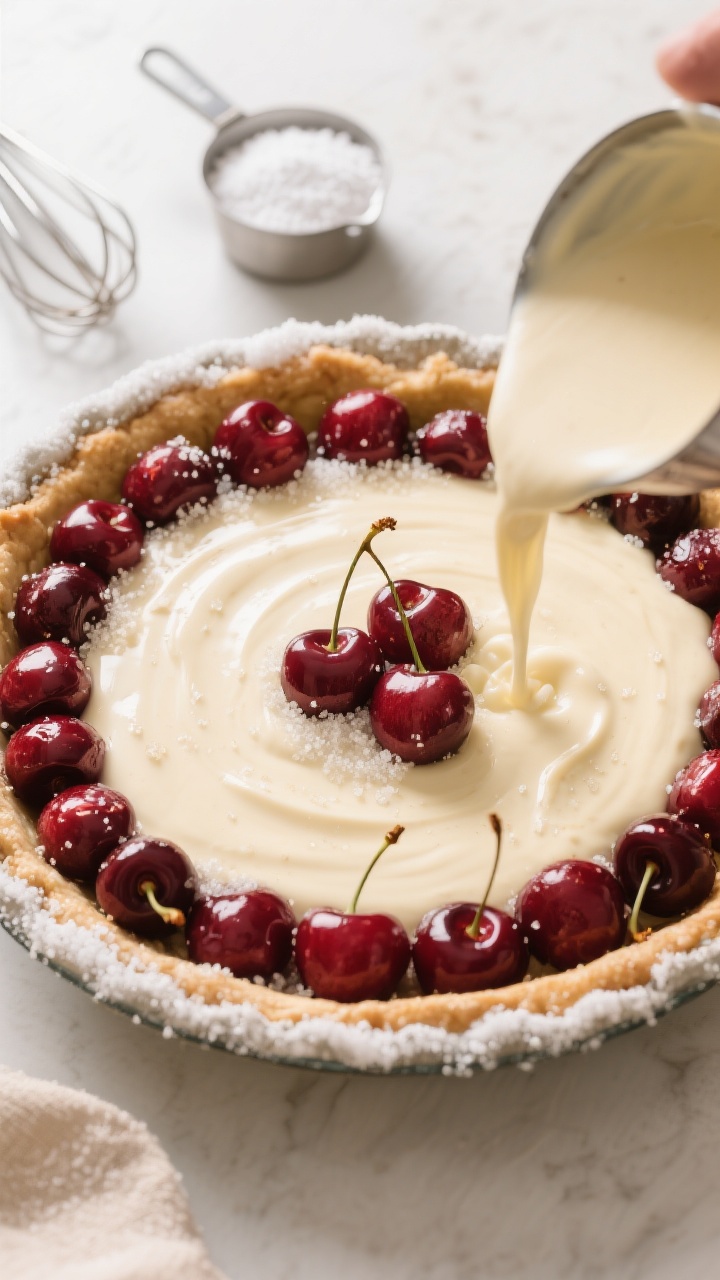 Process scene, : cherries already arranged in a generously buttered and sugared pie dish as the smoo