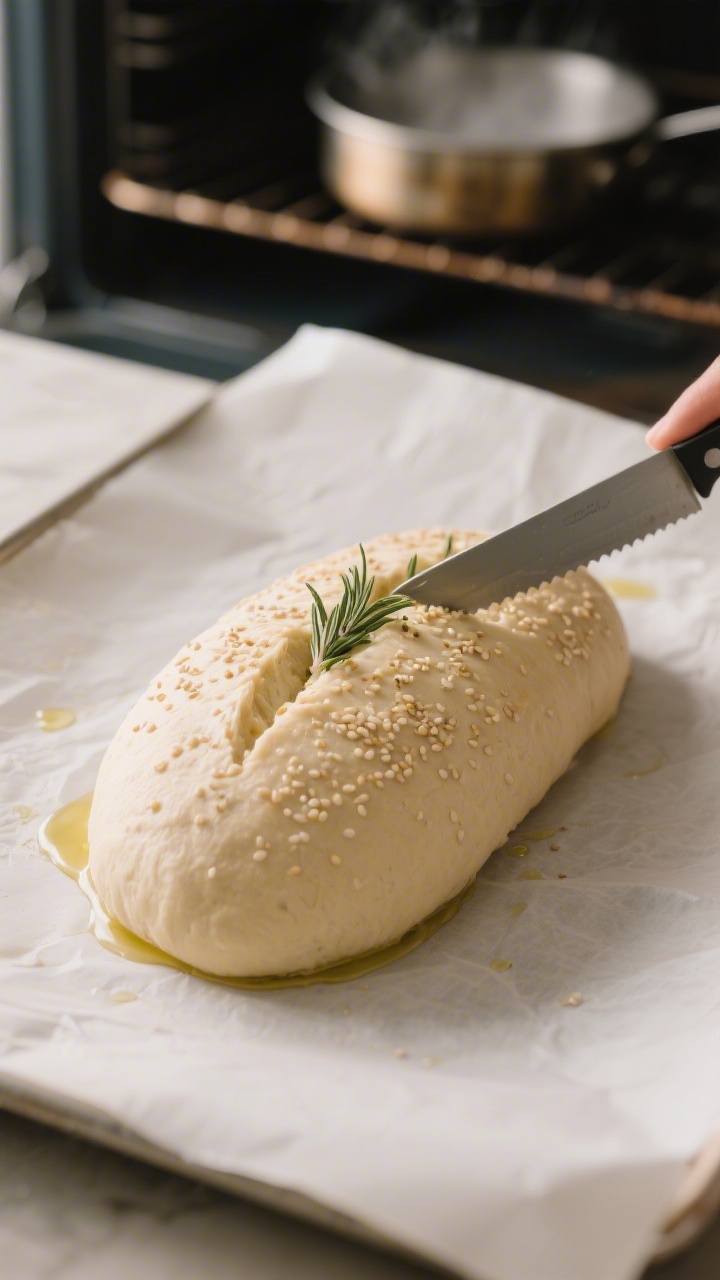 Process shot: shaped oval loaf after second rise on a parchment-lined sheet, surface gently domed an