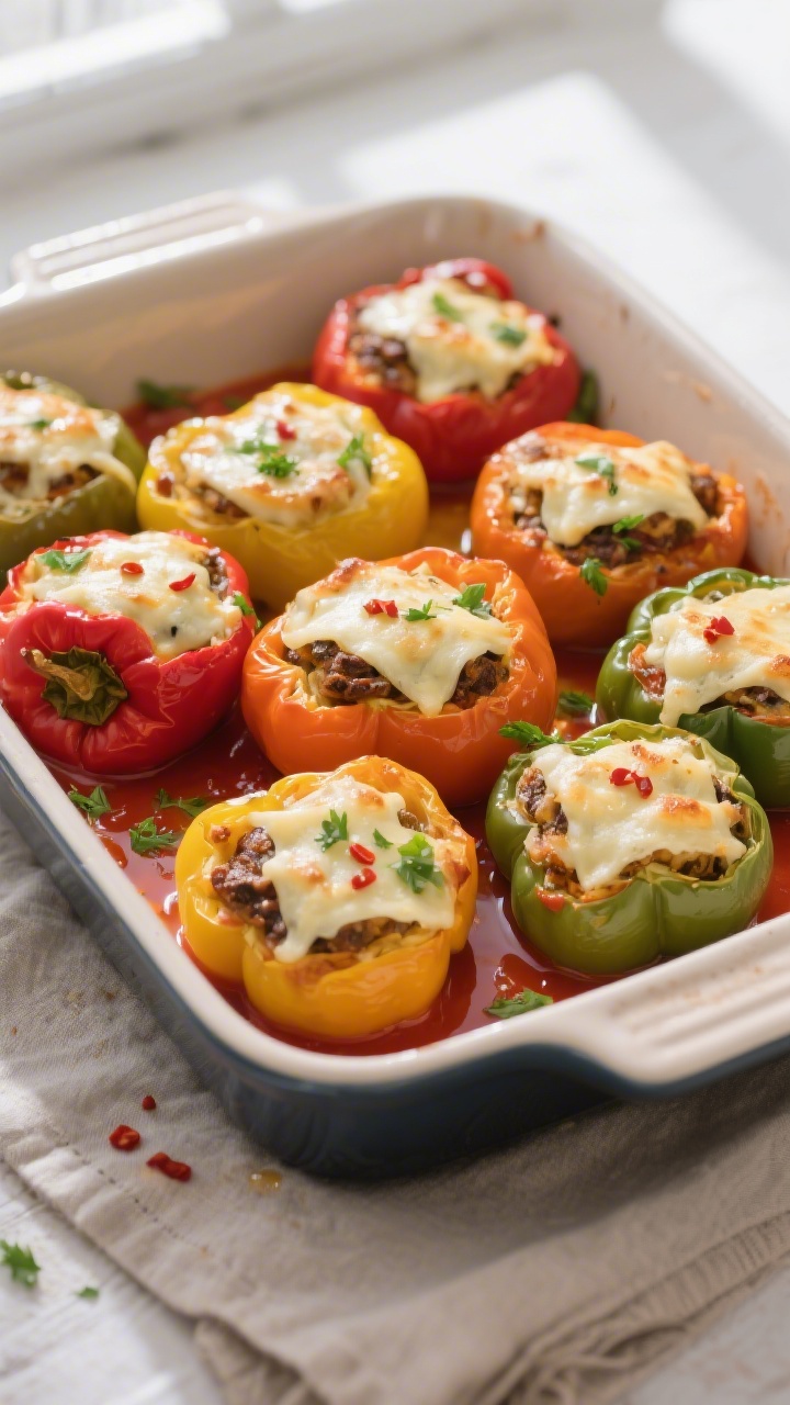 Tasty overhead pan shot: of a baking dish snugly filled with assorted colored stuffed peppers (red, 