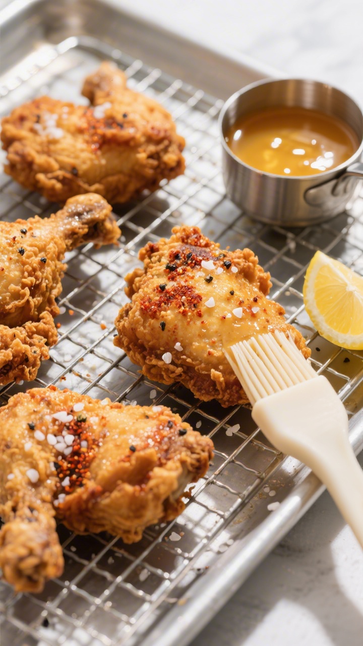Tasty top view after draining: Overhead shot of freshly fried chicken resting on a wire rack over a 