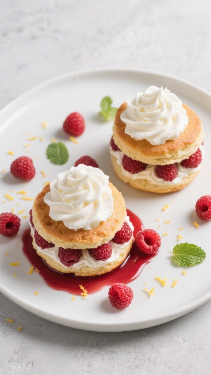 Tasty top view: Fully assembled raspberry shortcakes plated for serving—overhead shot of two to th