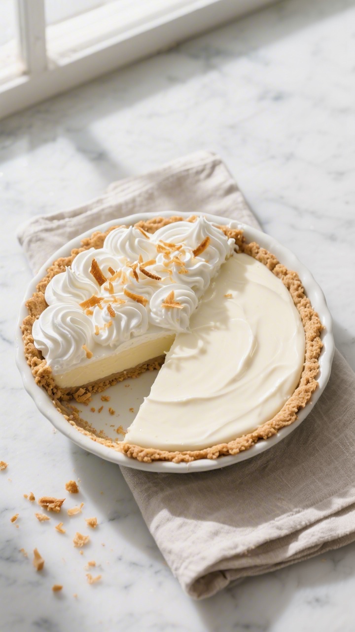 Tasty top view: Overhead shot of a chilled Coconut Cream Refrigerator Pie in a 9-inch pie dish, smoo