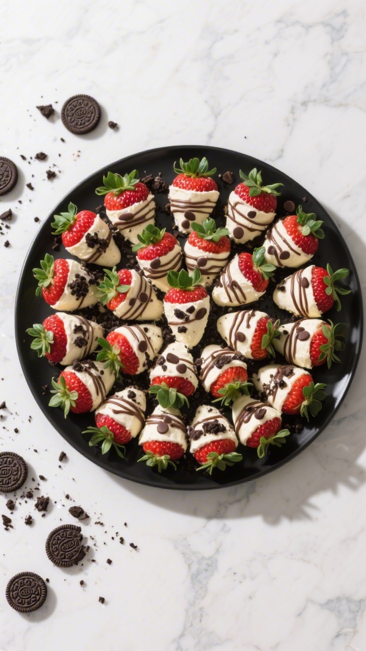 Tasty top view: Overhead shot of a chilled party platter of Oreo cheesecake–stuffed strawberries a