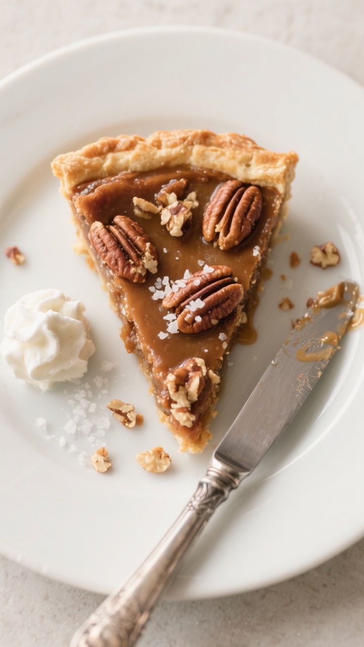 Tasty top view: Overhead shot of a cleanly sliced wedge of pecan pie on a matte white dessert plate,