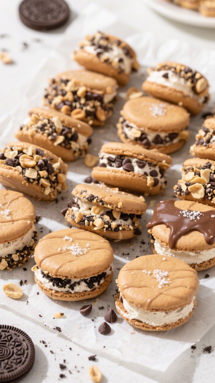 Peanut Butter Oreo Ice Cream Sandwiches - A Fun, No-Fuss Treat 3 Tasty top-view: Overhead shot of a finished batch of peanut butter Oreo ice cream sandwiches arrange