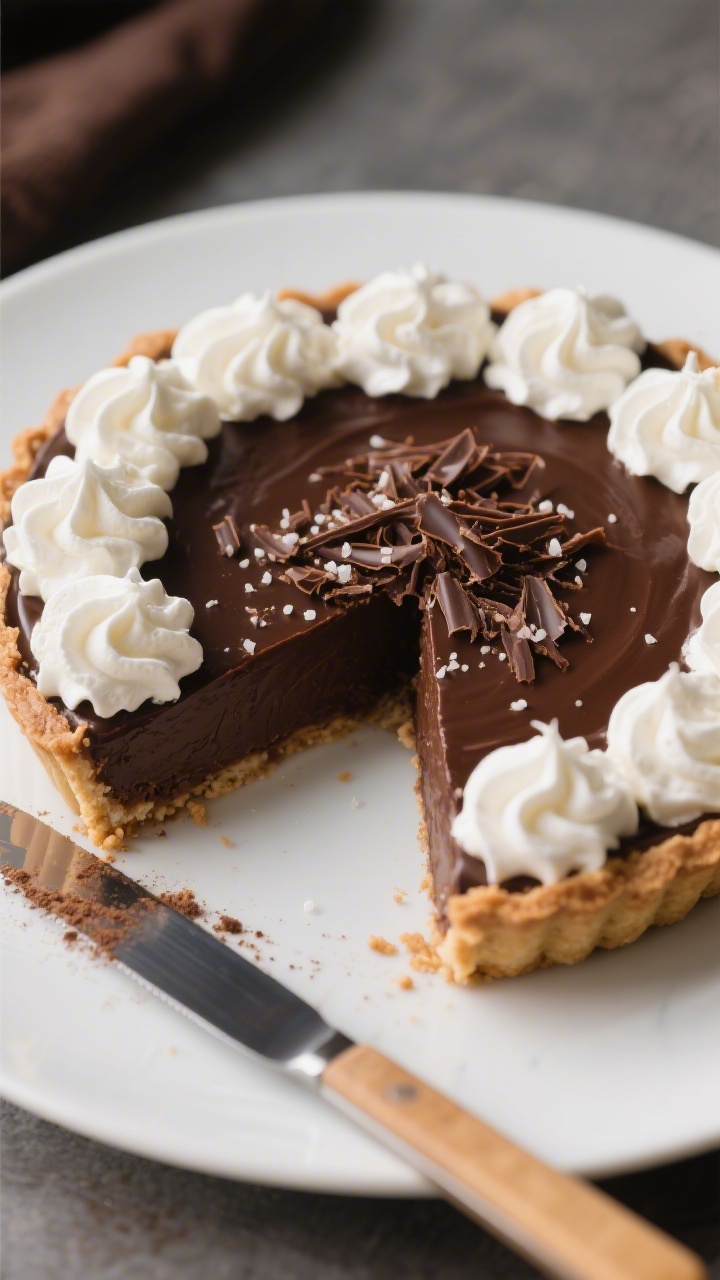 Tasty top view: Overhead shot of a fully chilled dark chocolate silk pie topped with soft-peak whipp