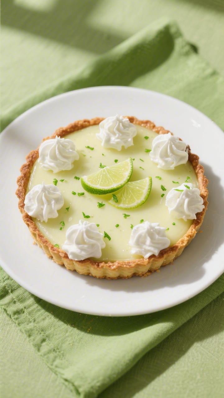 Tasty top view: Overhead shot of a fully chilled key lime pie topped with swoops of softly whipped c